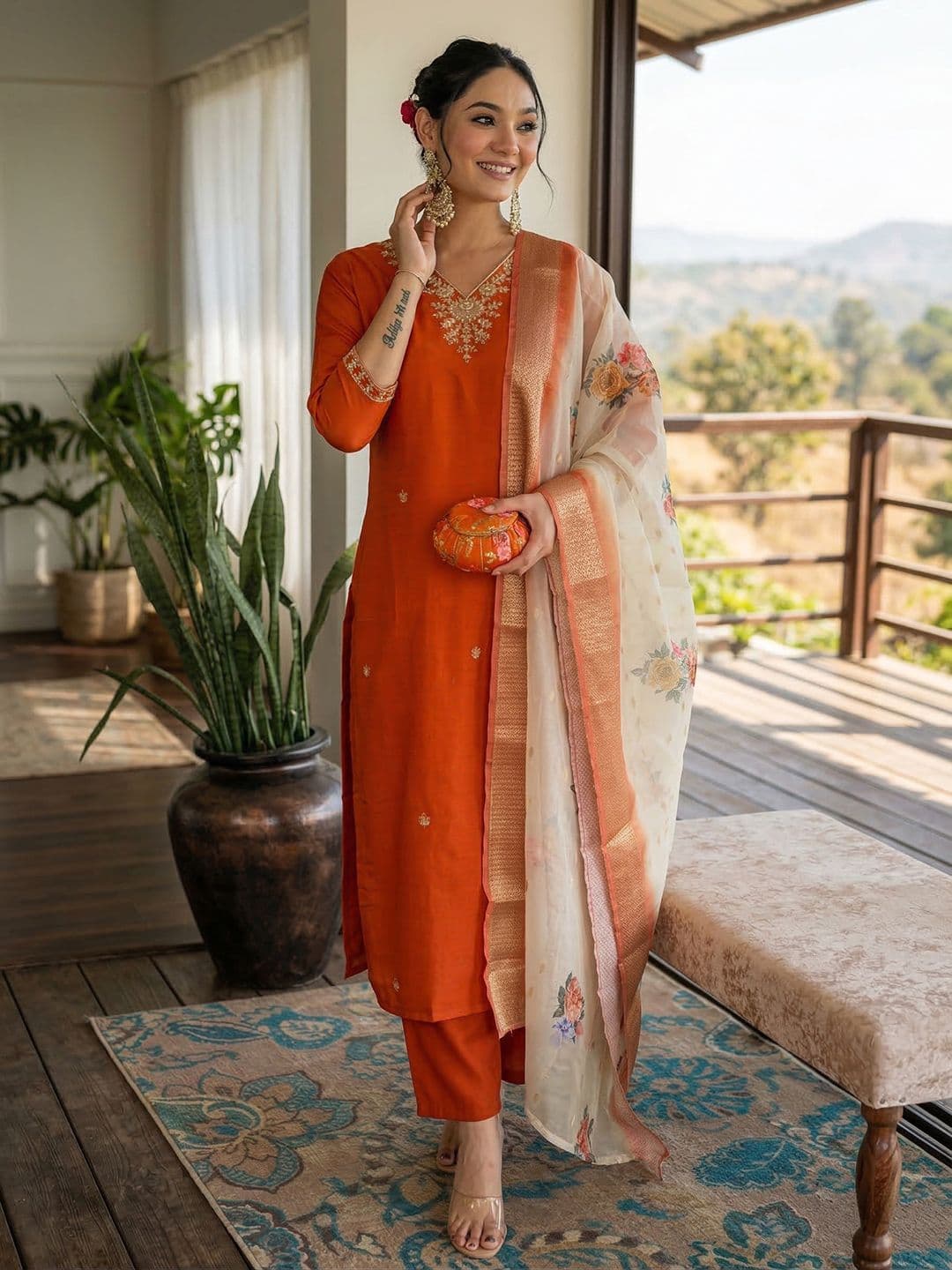 House of Pataudi Embroidered V-Neck Kurta & Trousers With Dupatta - view 1