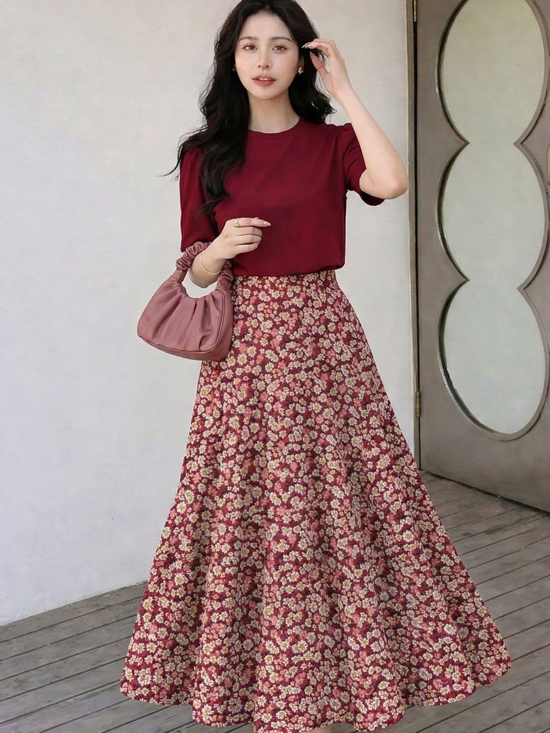 AmorLuxe Floral Printed Round Neck Puff Sleeve Top With Skirt - view 1