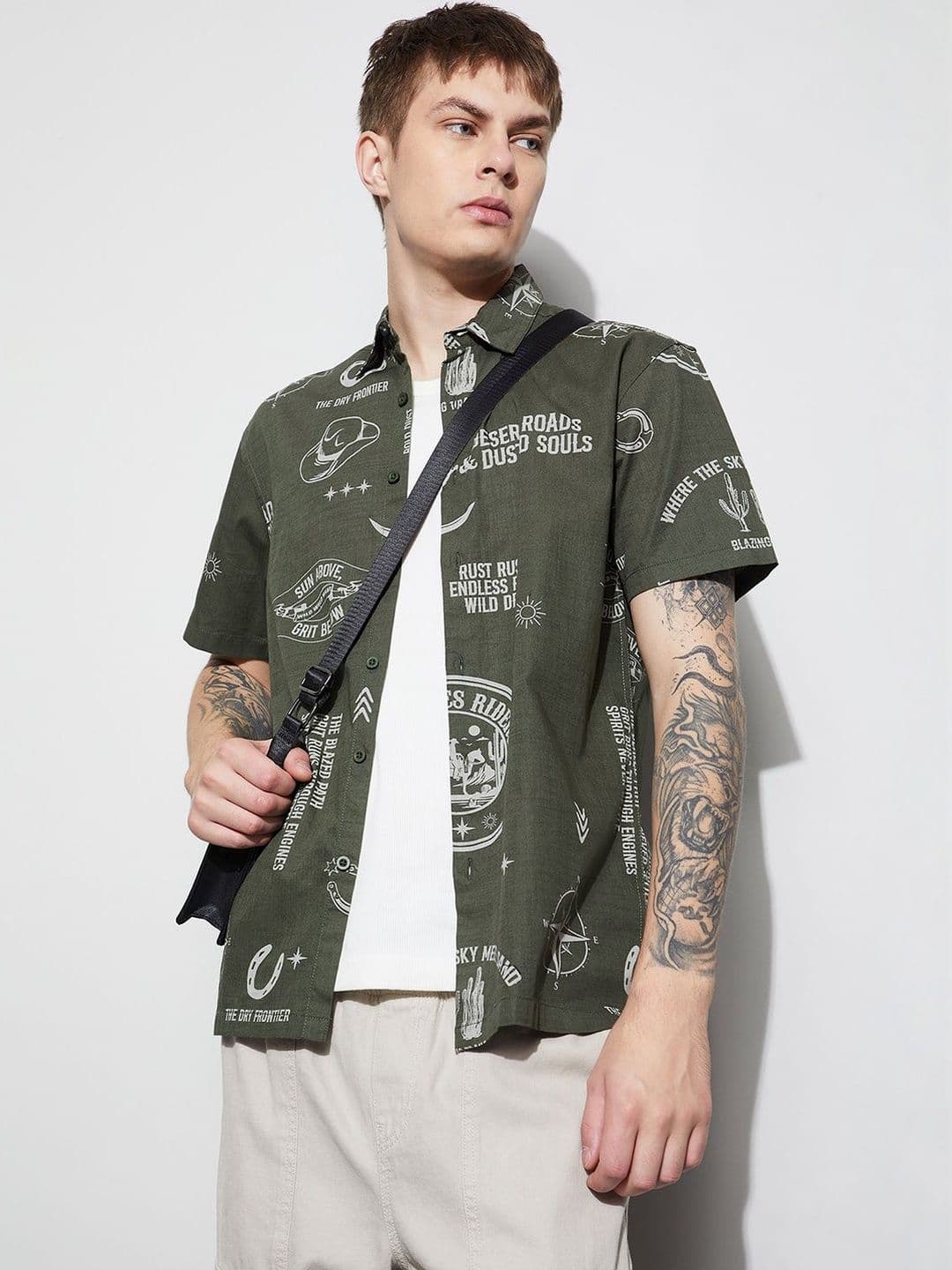 Forca by Lifestyle Men Olive Printed Cotton Regular Shirts - view 1