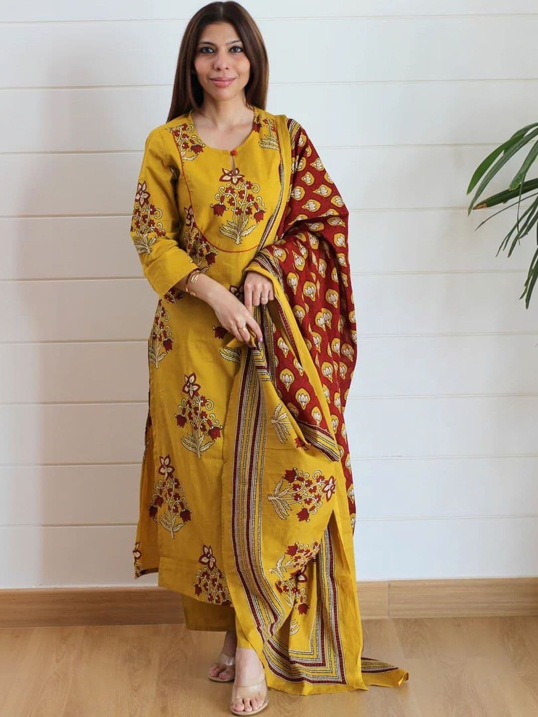 MYRIE Floral Printed Tie-Up Neck Straight Kurta With Trouser And Dupatta - view 1