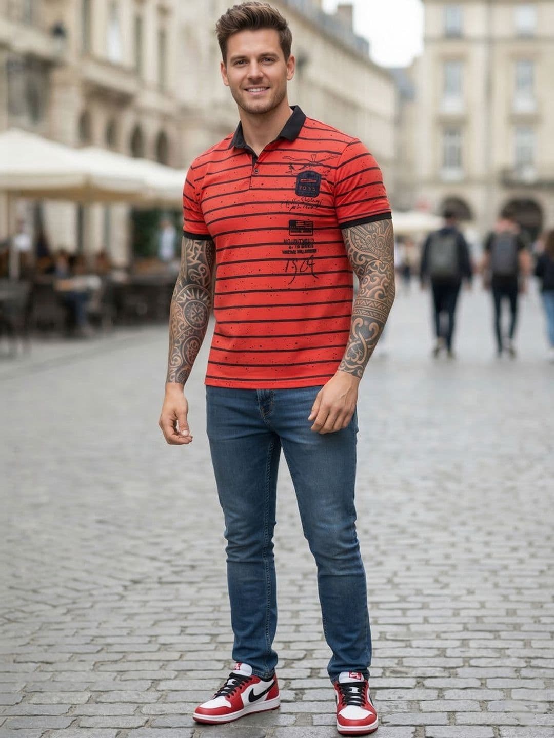 AWACK Striped Polo Collar Slim Fit T-shirt - view 1