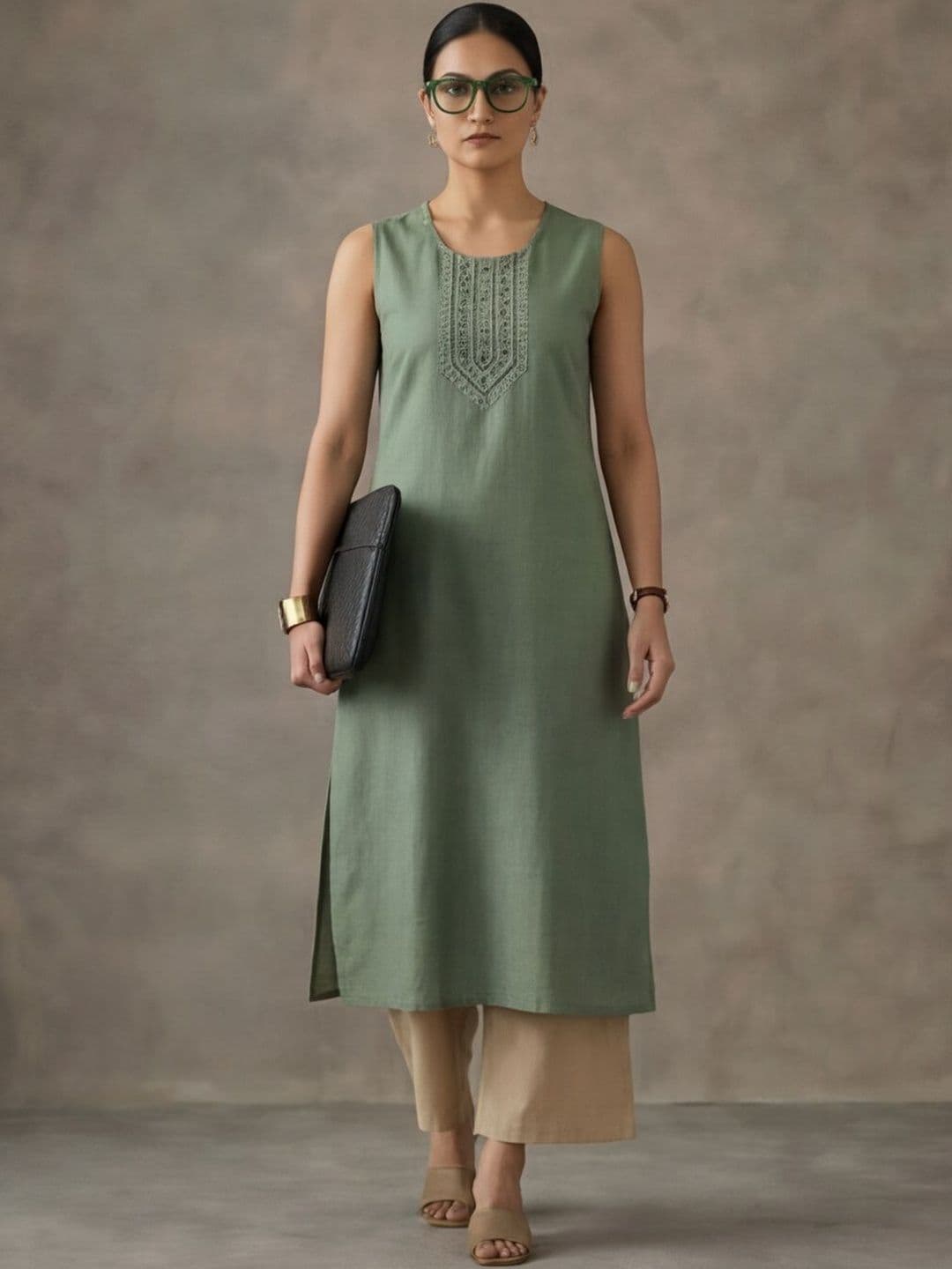 Navibhu Contemporary Cotton Green Embroidered Sleeveless Kurtas - view 1