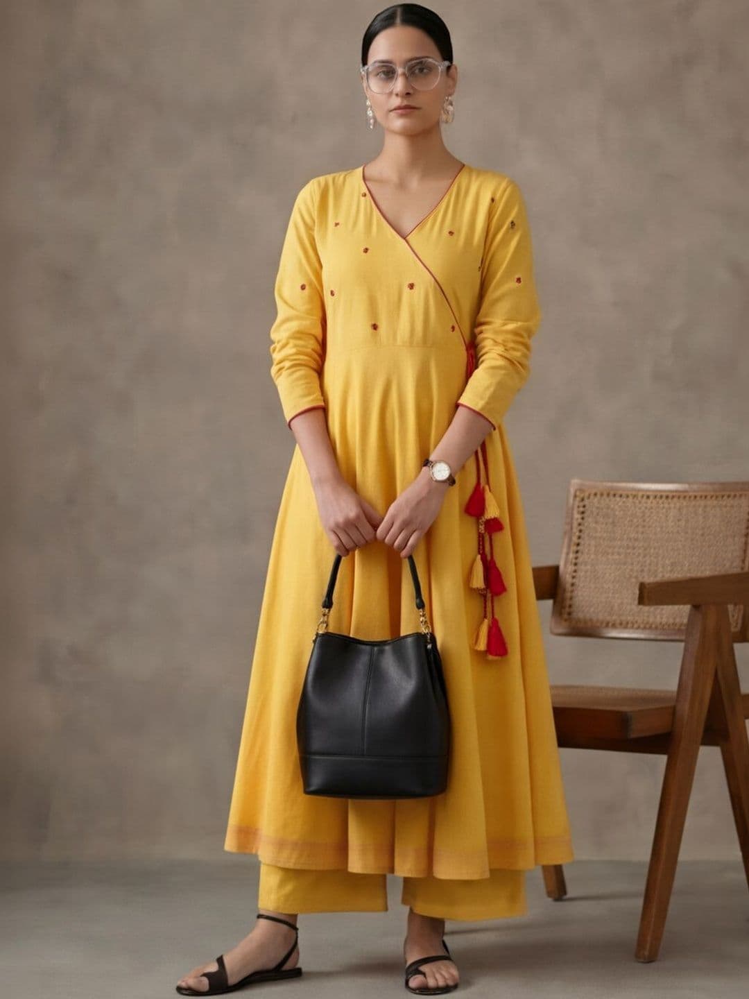 Navibhu Structured Women Embroidered Angrakha Mirror Work Pure Cotton Kurta with Trousers - view 1