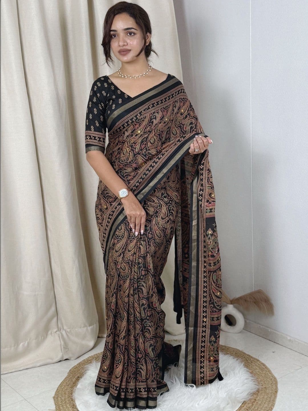 all about you Black Mul Cotton Ajrakh Print Mirror Work Matching Blouse Piece & Saree - view 1