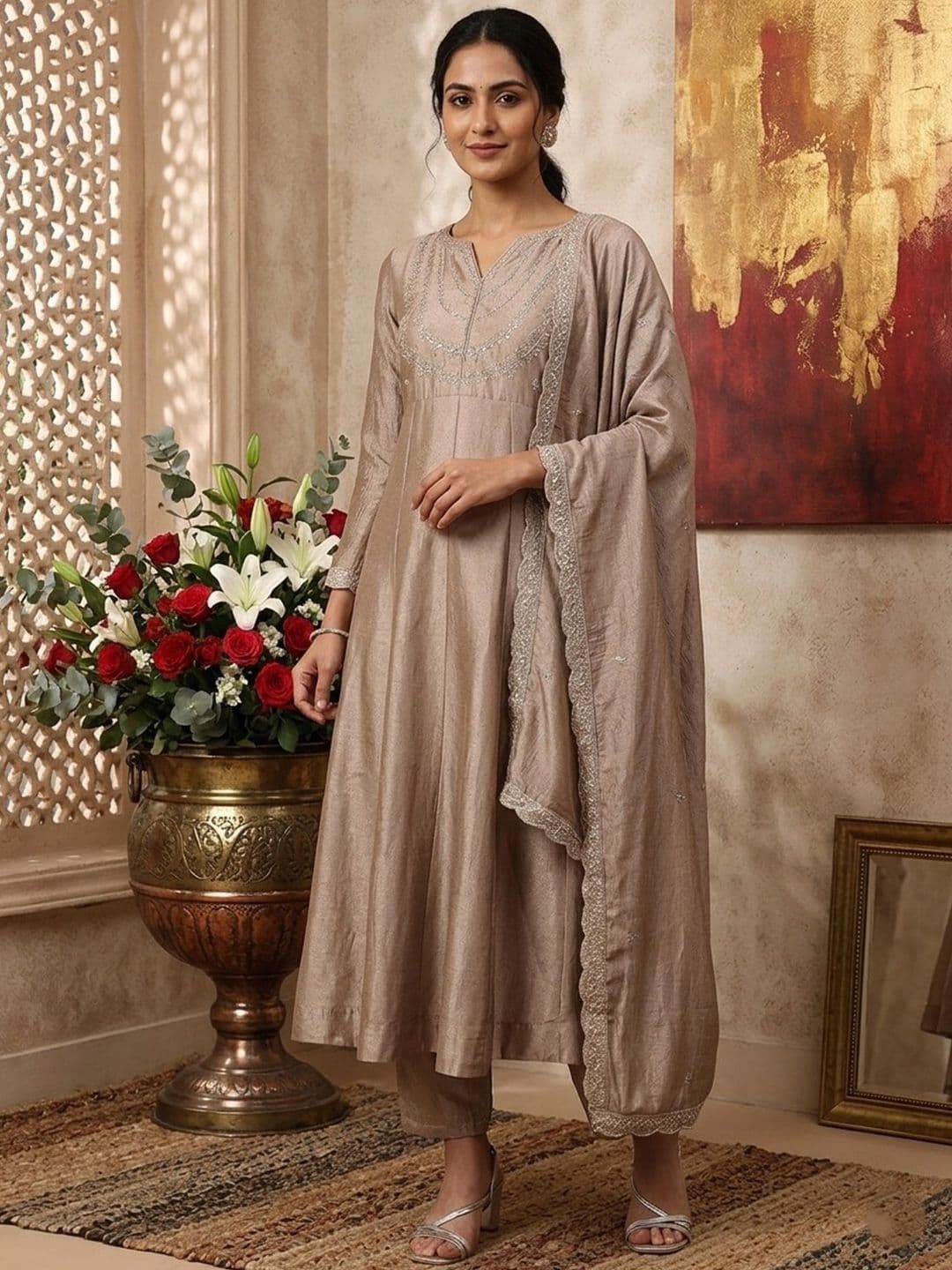 all about you Women Ethnic Motifs Embroidered Regular Thread Work Kurta with Trousers & With Dupatta - view 1