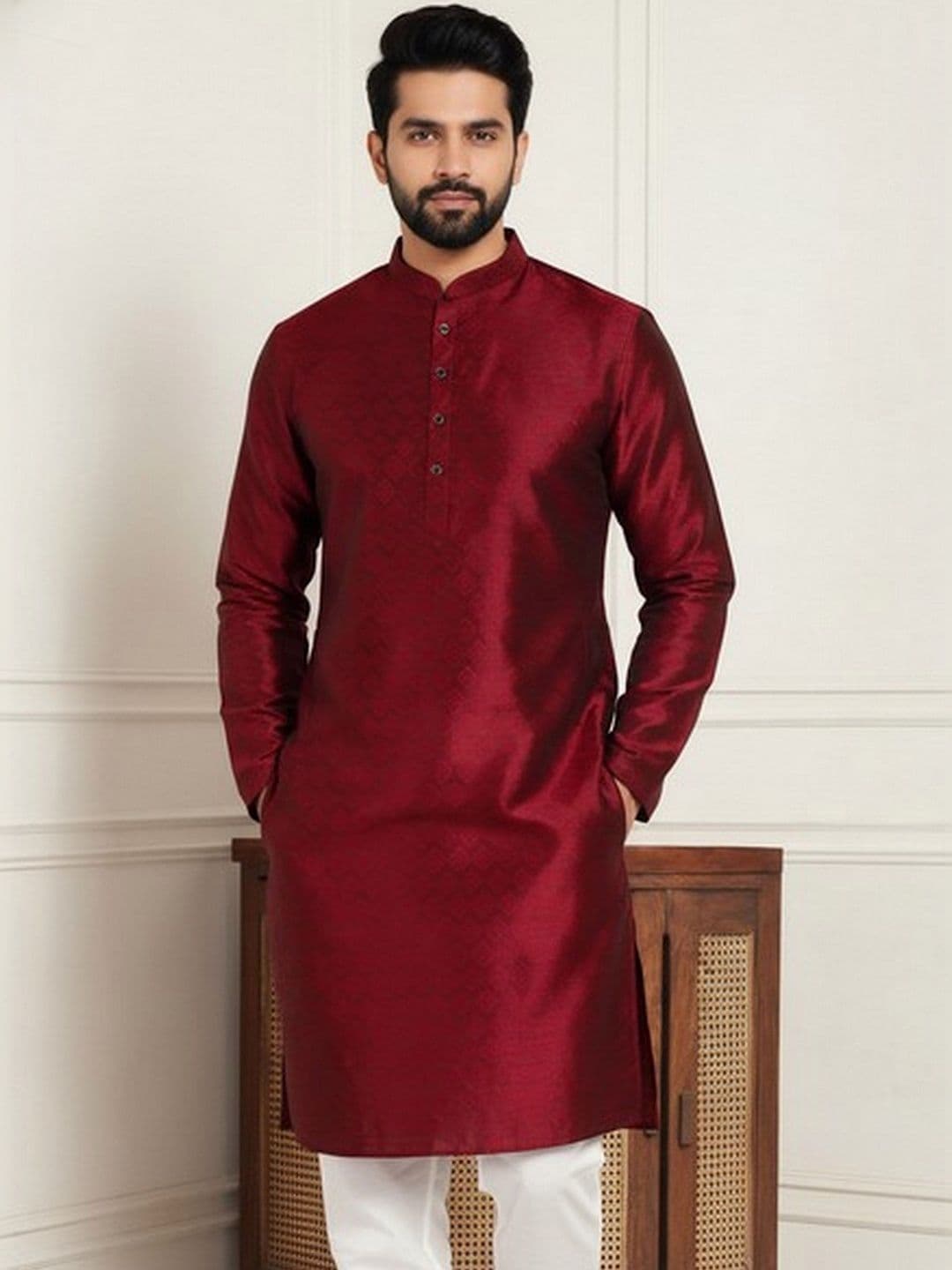 HERE&NOW Men Thread Work Grandeur & Majestic Artwork Jacquard Kurta - view 1