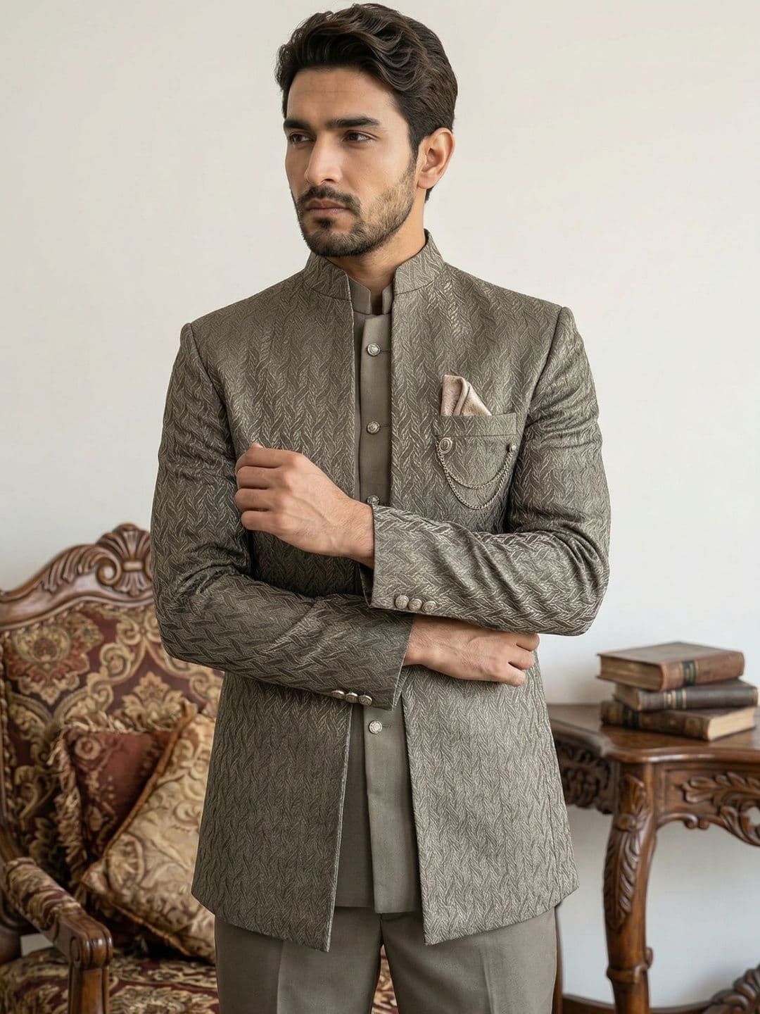 Jompers Textured Mandarin Collar Sherwani