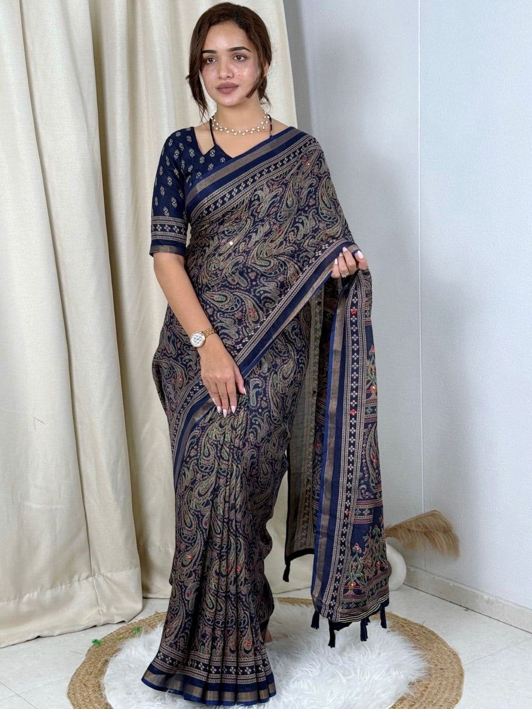 all about you Navy Blue Mul Cotton Ajrakh Print Mirror Work Matching Blouse Piece & Sarees - view 1