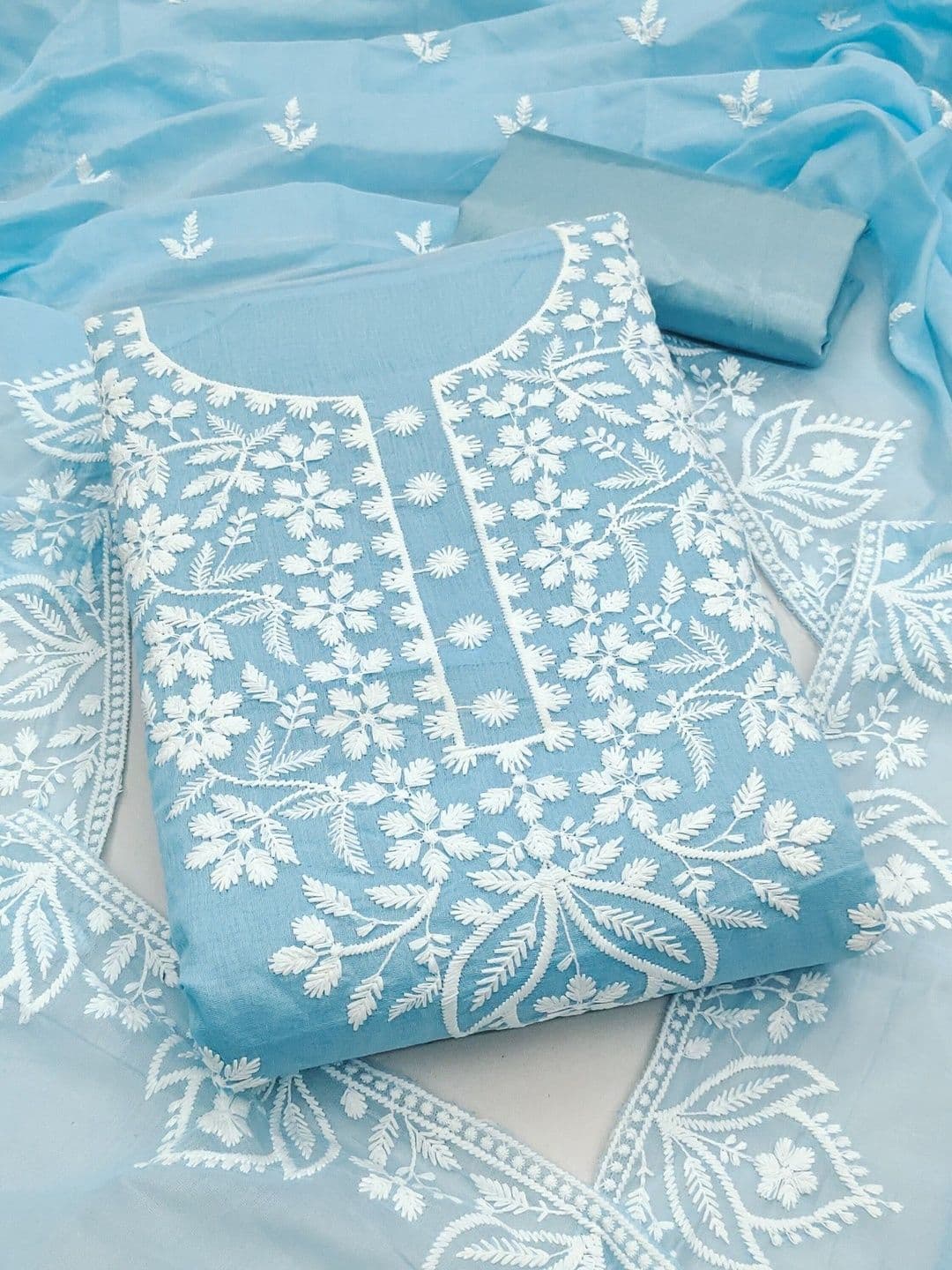 Dhaaga Ghar Blue Chanderi Cotton Embroidery Work Unstitched Dress Material - view 1