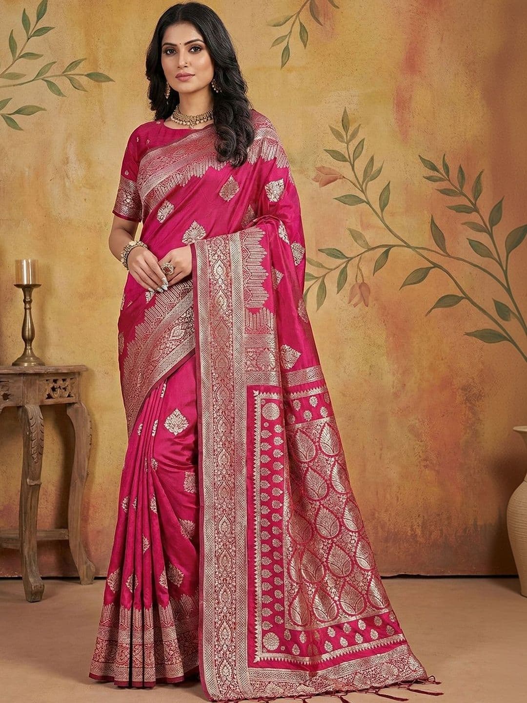 Dhaaga Ghar Sutriti Rani Pink Zari Woven Rich Border Heavy Pallu Wedding Party Wear Sarees - view 1