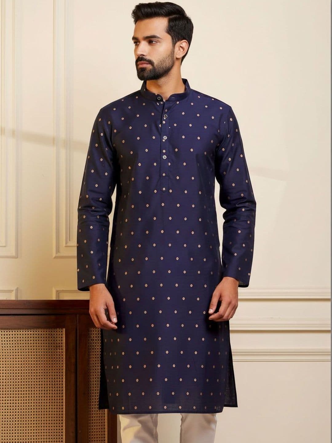 HERE&NOW Men Geometric Printed Thread Work Indigo Kurta - view 1