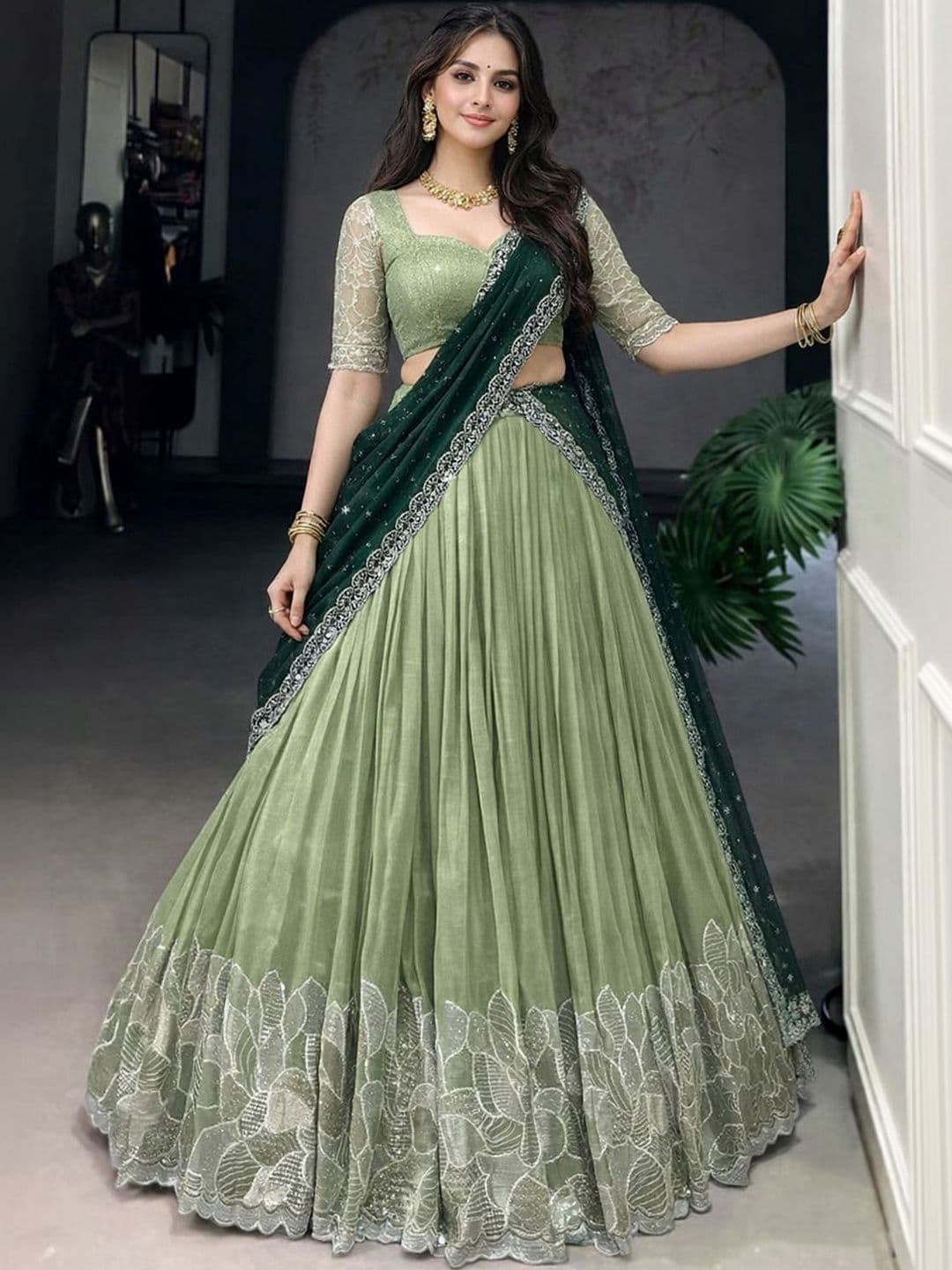 SUPPAR SLEAVE Embroidered Semi-Stitched Lehenga & Unstitched Blouse With Dupatta - view 1