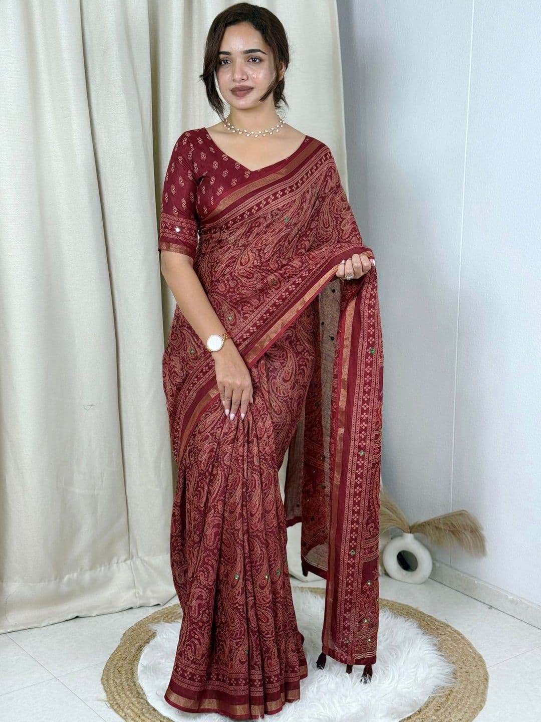 all about you Red Mul Cotton Ajrakh Print Mirror Work Matching Blouse Piece & Sarees - view 1