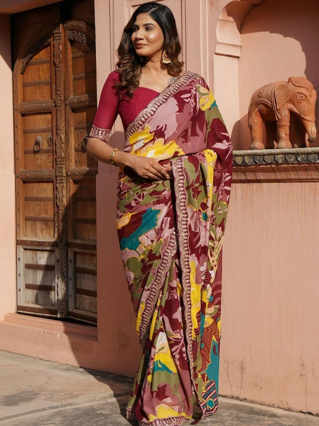 HERE&NOW Women Wine Abstract Printed Embroidered Border Georgette Sarees - view 1