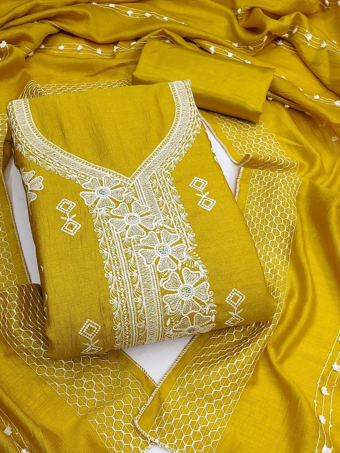 Dhaaga Ghar Yellow Vichitra Silk Embroidery Work Unstitched Dress Material - view 1