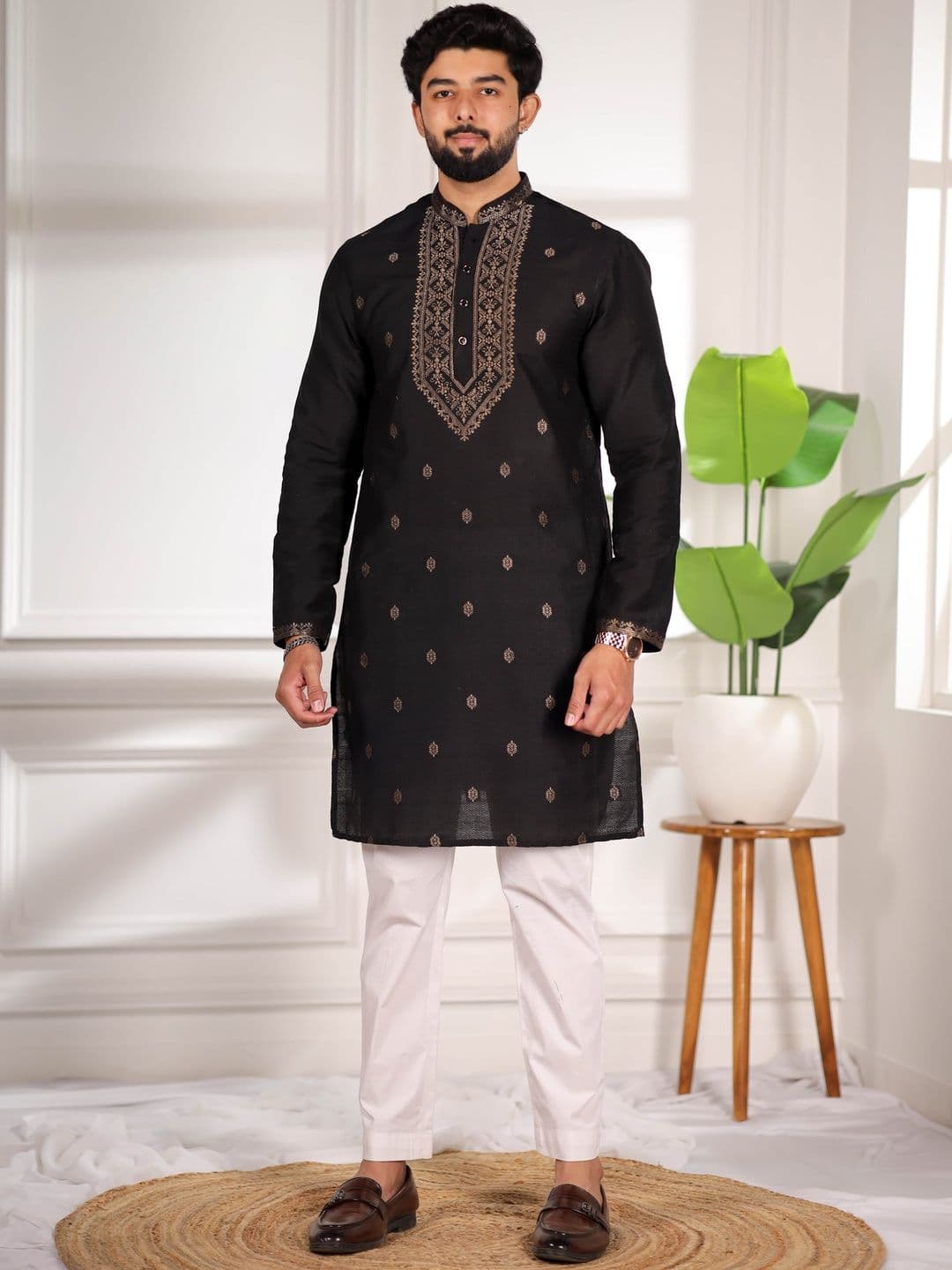 Koshin Men Black Jacquard Woven Design Straight Kurtas - view 1
