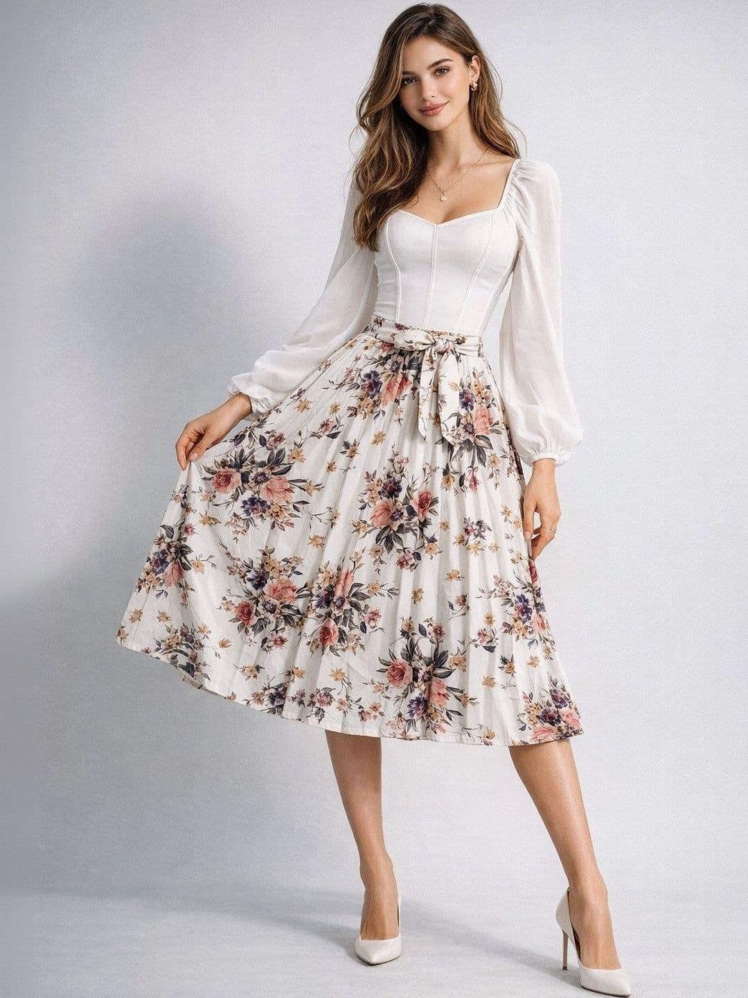 DressBerry Women Crepe Floral Midi A-Line Skirt - view 1