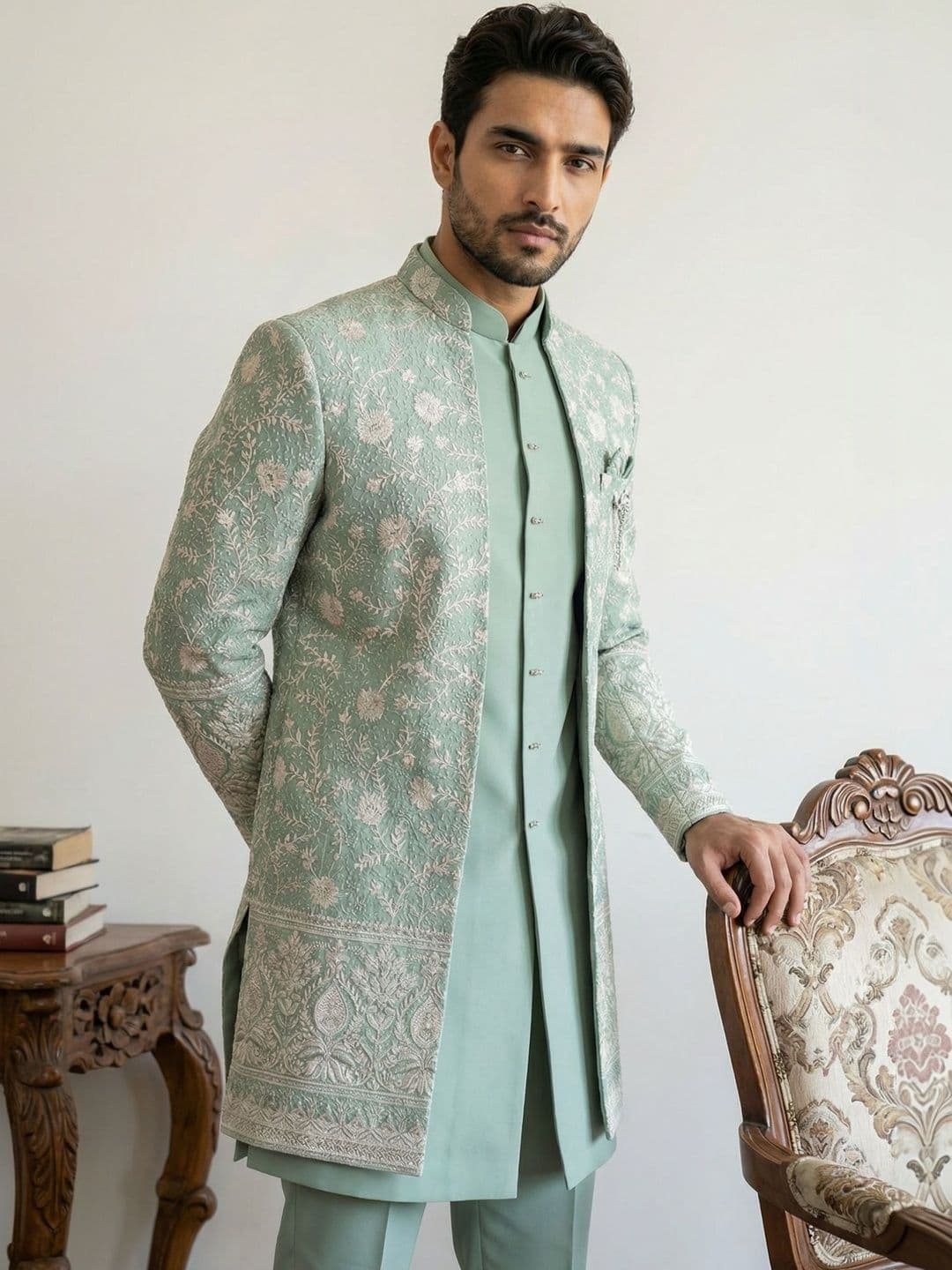 Jompers Embroidered Mandarin Collar Sherwani