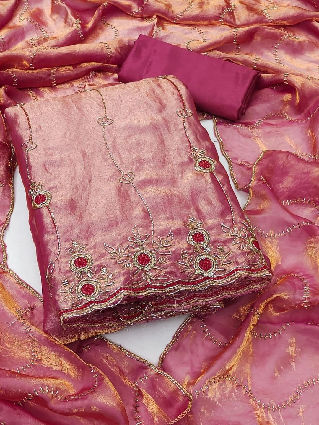 Dhaaga Ghar Pink Fandy Silk Hand Work Unstitched Dress Material - view 1