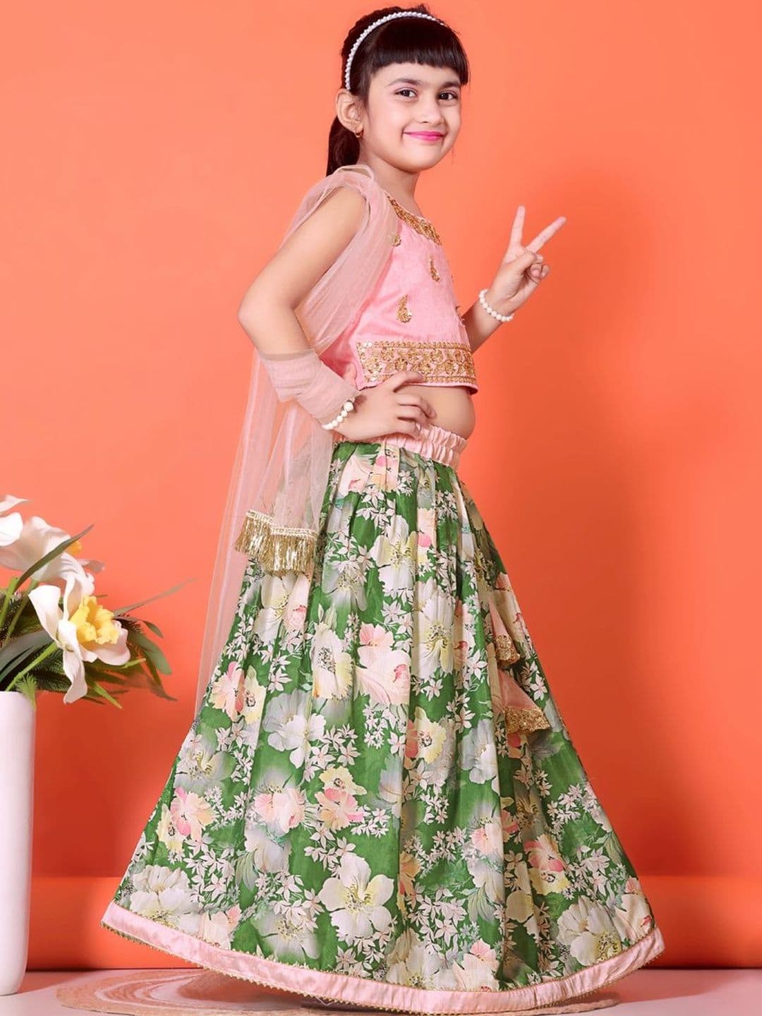 BAESD Girls Embroidered Block Print Ready to Wear Lehenga & Blouse With Dupatta - view 1