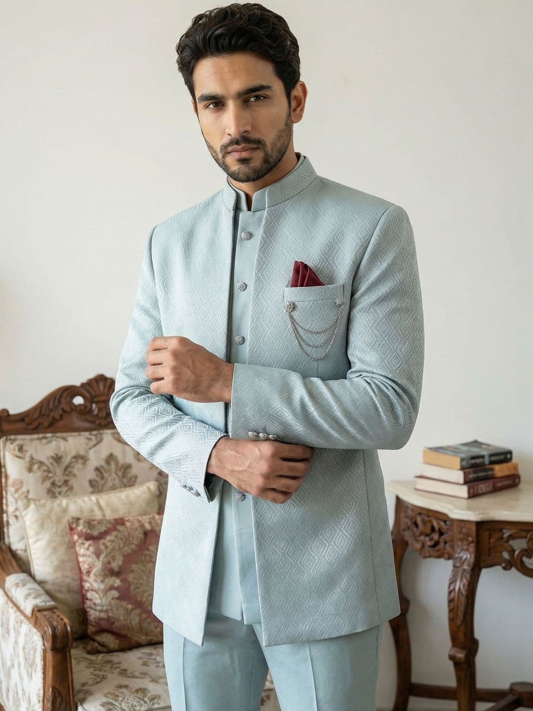 Jompers Textured Mandarin Collar Sherwani