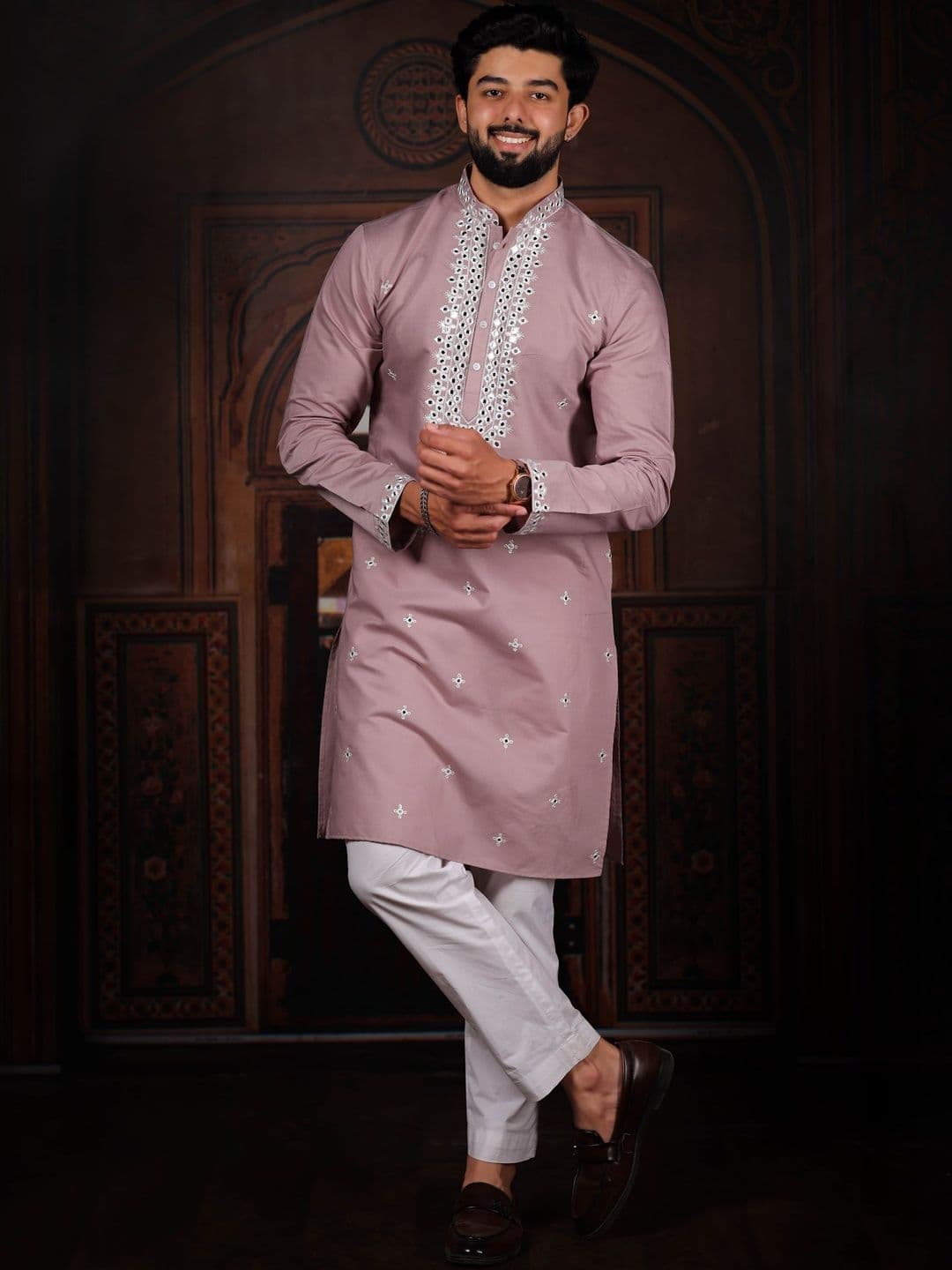 Koshin Men Ethnic Motifs Embroidered Mandarin Collar Mirror Work Cotton Straight Kurtas - view 1