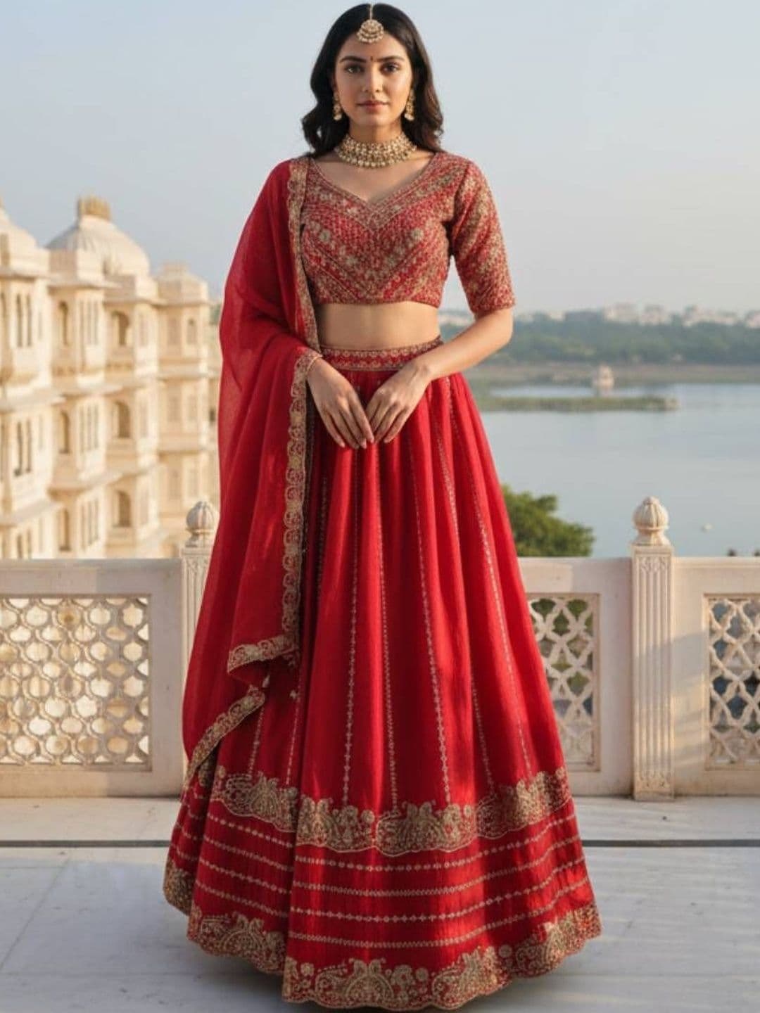 JIHU CULTURE Embroidered Sequinned Semi-Stitched Lehenga & Unstitched Blouse With Dupatta - view 1