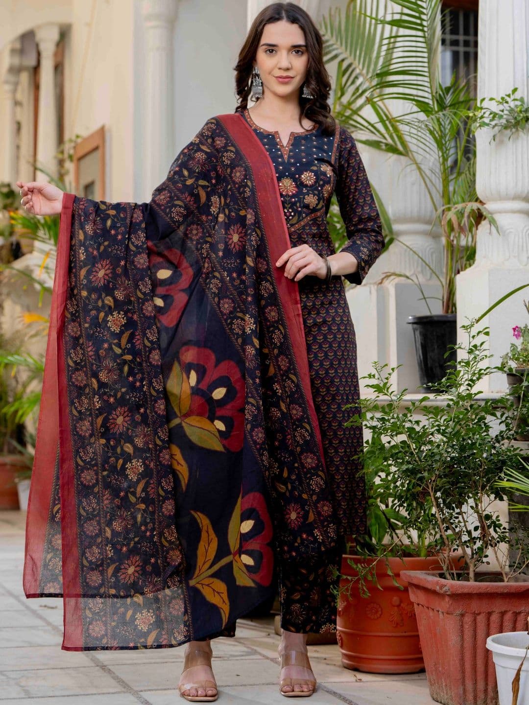 Pistaa Women Ethnic Motifs Printed Regular Pure Cotton Kurta with Trousers & With Dupatta - view 1