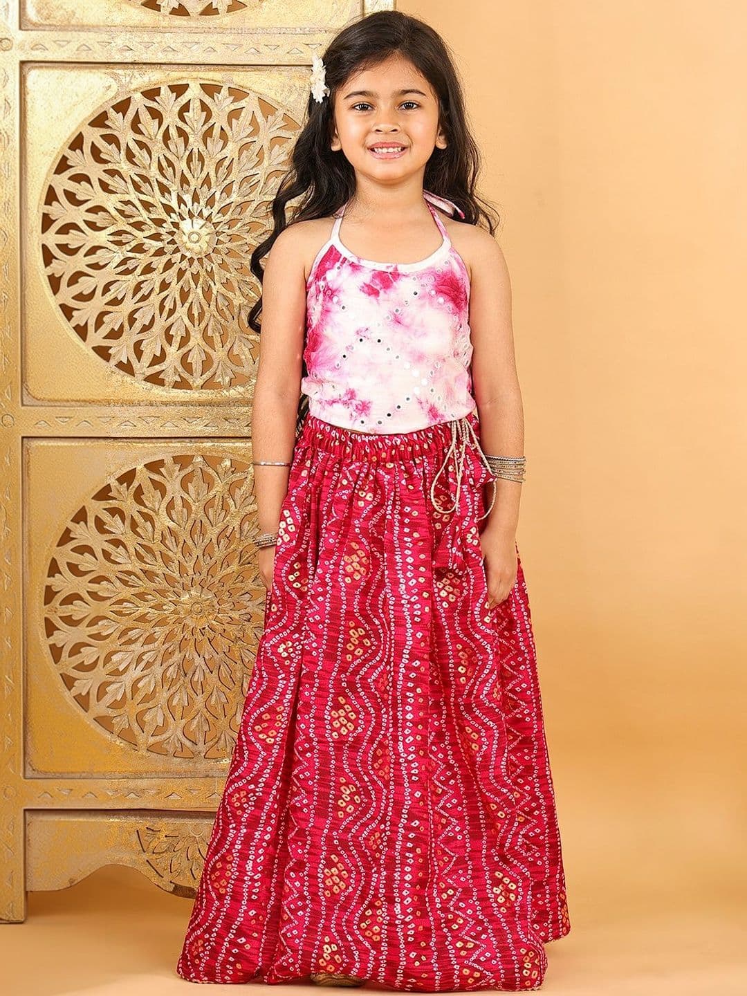 Here&Now X Kinder Kids Girls Dyed Mirror Work Ready to Wear Lehenga & - view 1