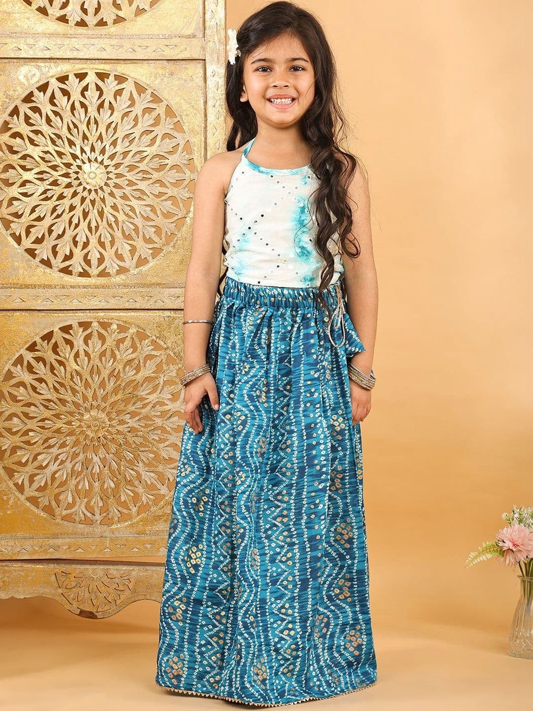 Here&Now X Kinder Kids Girls Dyed Tie and Dye Ready to Wear Lehenga & - view 1