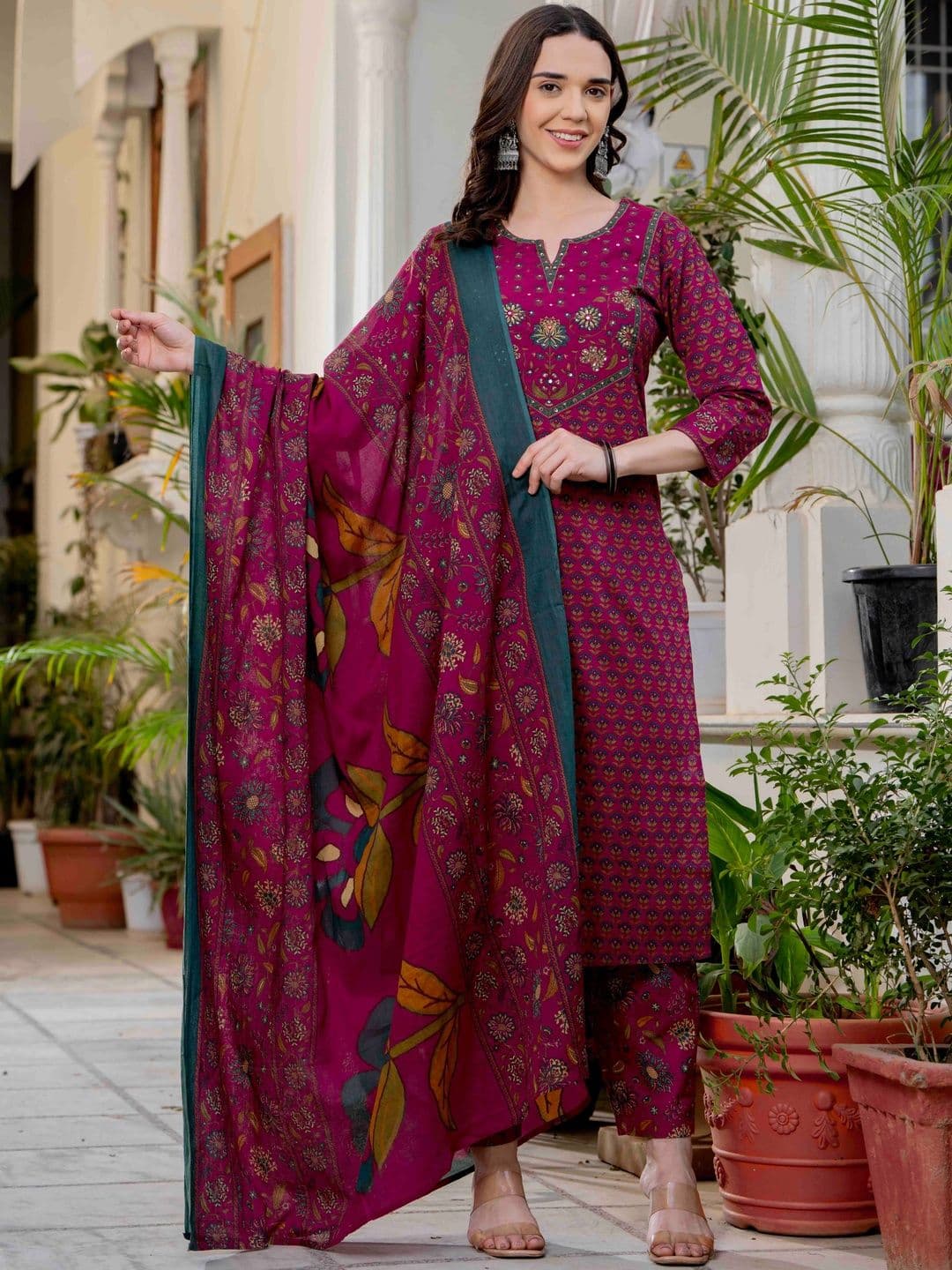 Pistaa Women Ethnic Motifs Printed Regular Pure Cotton Kurta with Trousers & With Dupatta - view 1