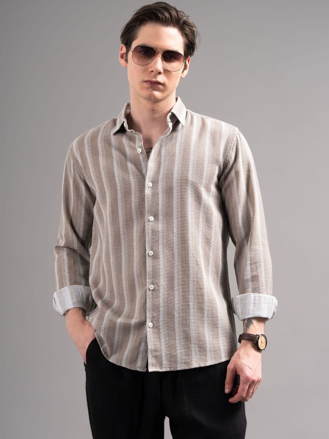 PAUL STREET Striped Spread Collar Roll-Up Sleeves Shirt - view 1
