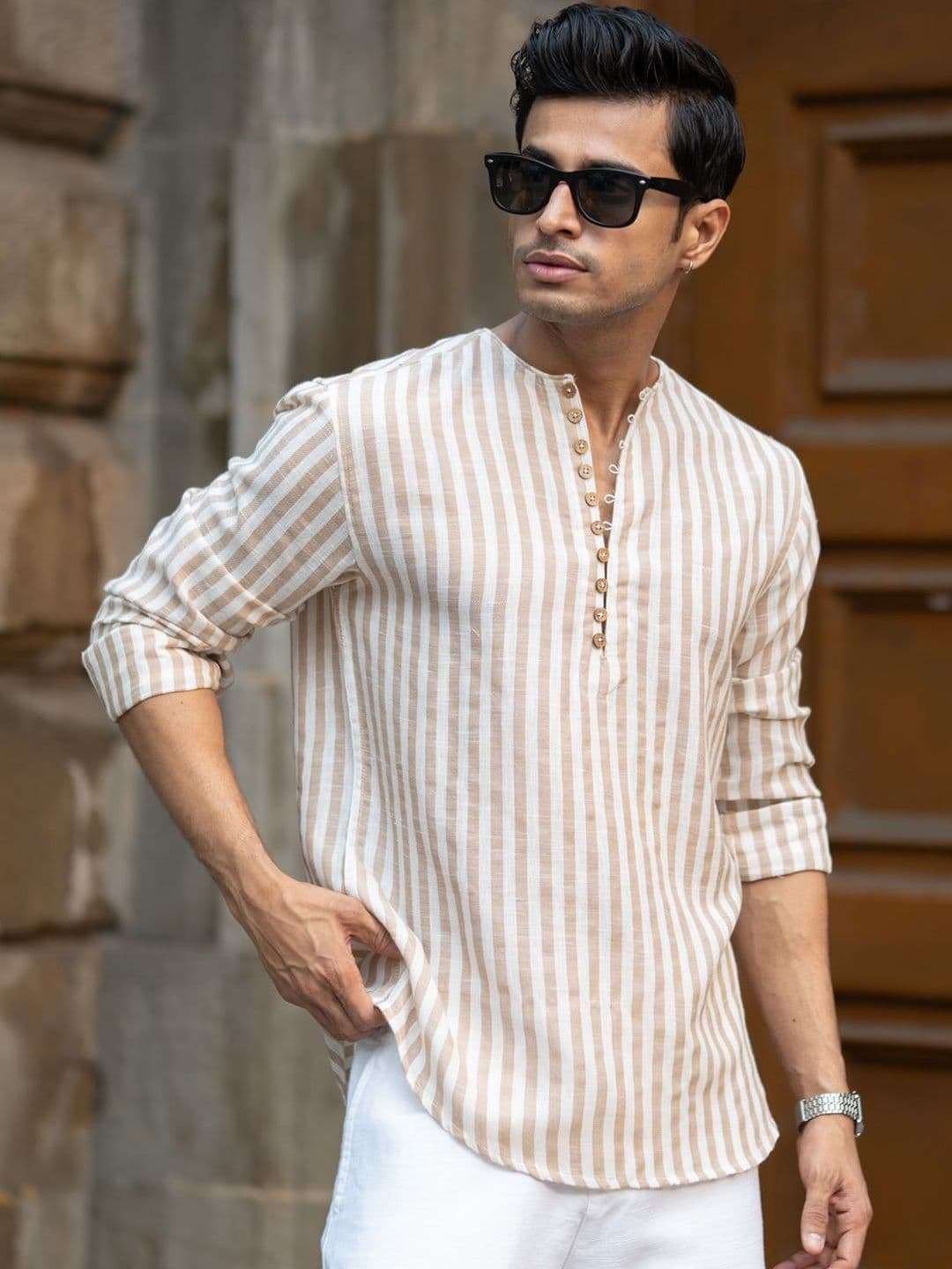 Powerlook Vertical Stripes Striped Mandarin Collar Cotton Shirt - view 1