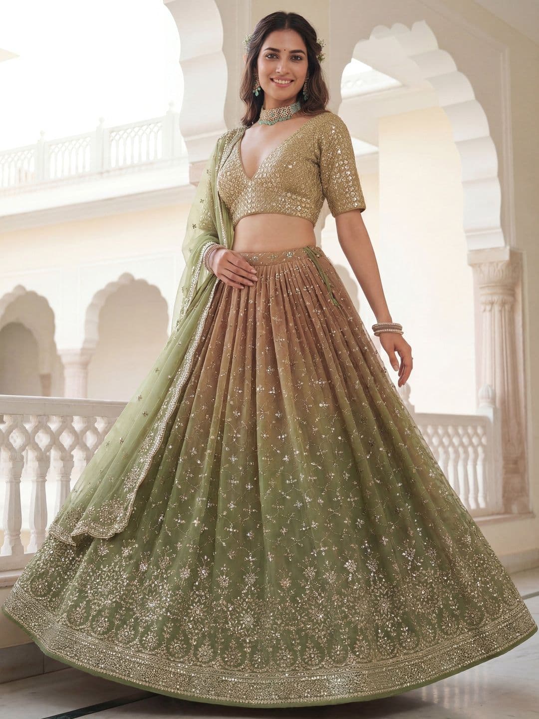ETHNIC PLUS Sequinned Embroidered Lehenga Choli With Dupatta - view 1
