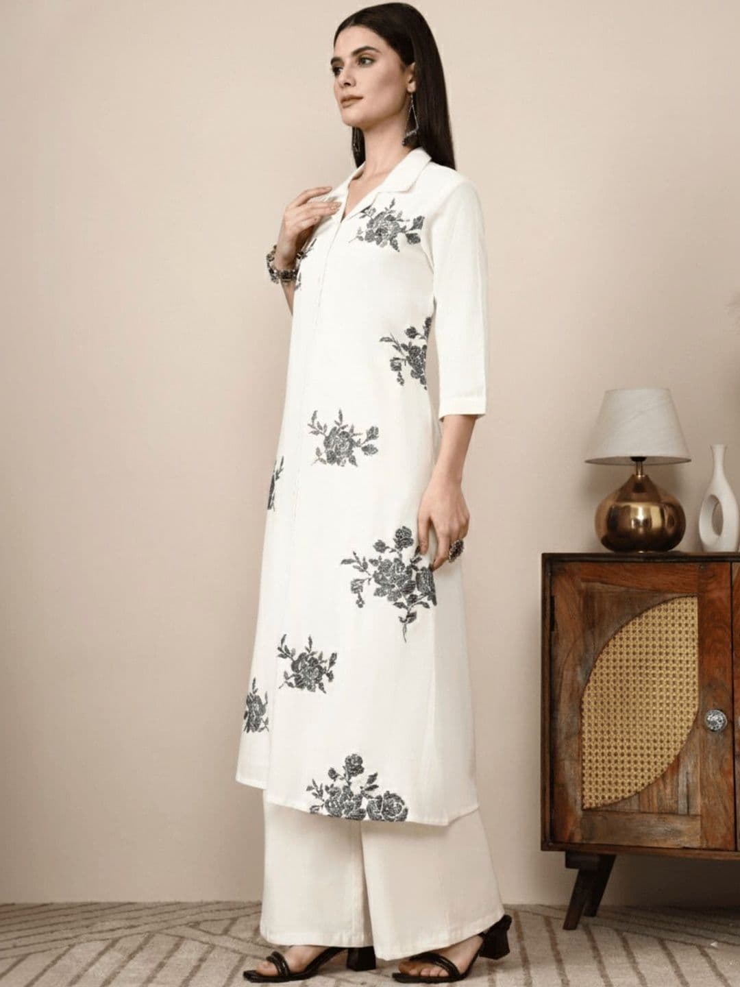House of Pataudi Embroidered Cotton Shirt Collar Calf Length A-Line Kurta - view 1