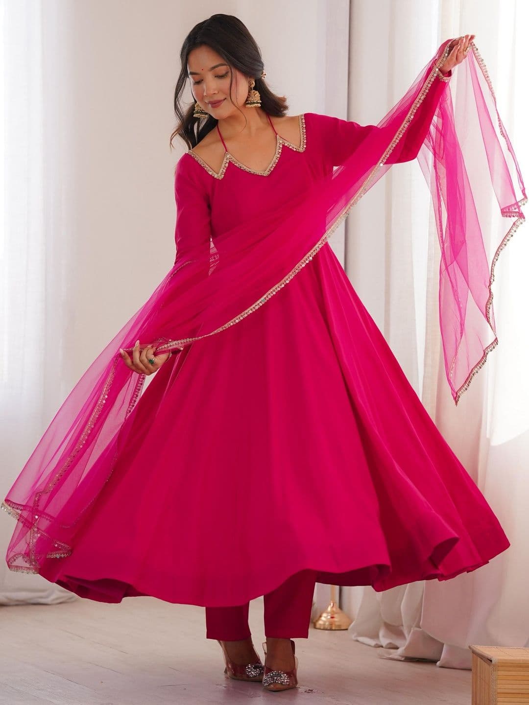 SAJAVAT ETHENIC WEAR Women Regular Gotta Patti Chanderi Silk Kurta with Palazzos & With Dupatta - view 1
