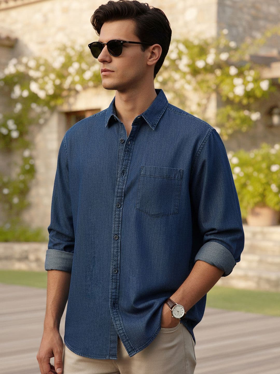 Urbano Fashion Men's Dark Blue Regular Fit Full Sleeve Solid Denim Shirt - view 1