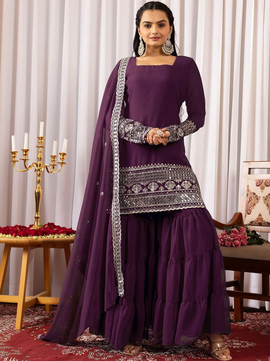 SIDDESHWARY FAB Women Ethnic Motifs Embroidered Regular Mirror Work Kurta with Sharara & With Dupatta - view 1