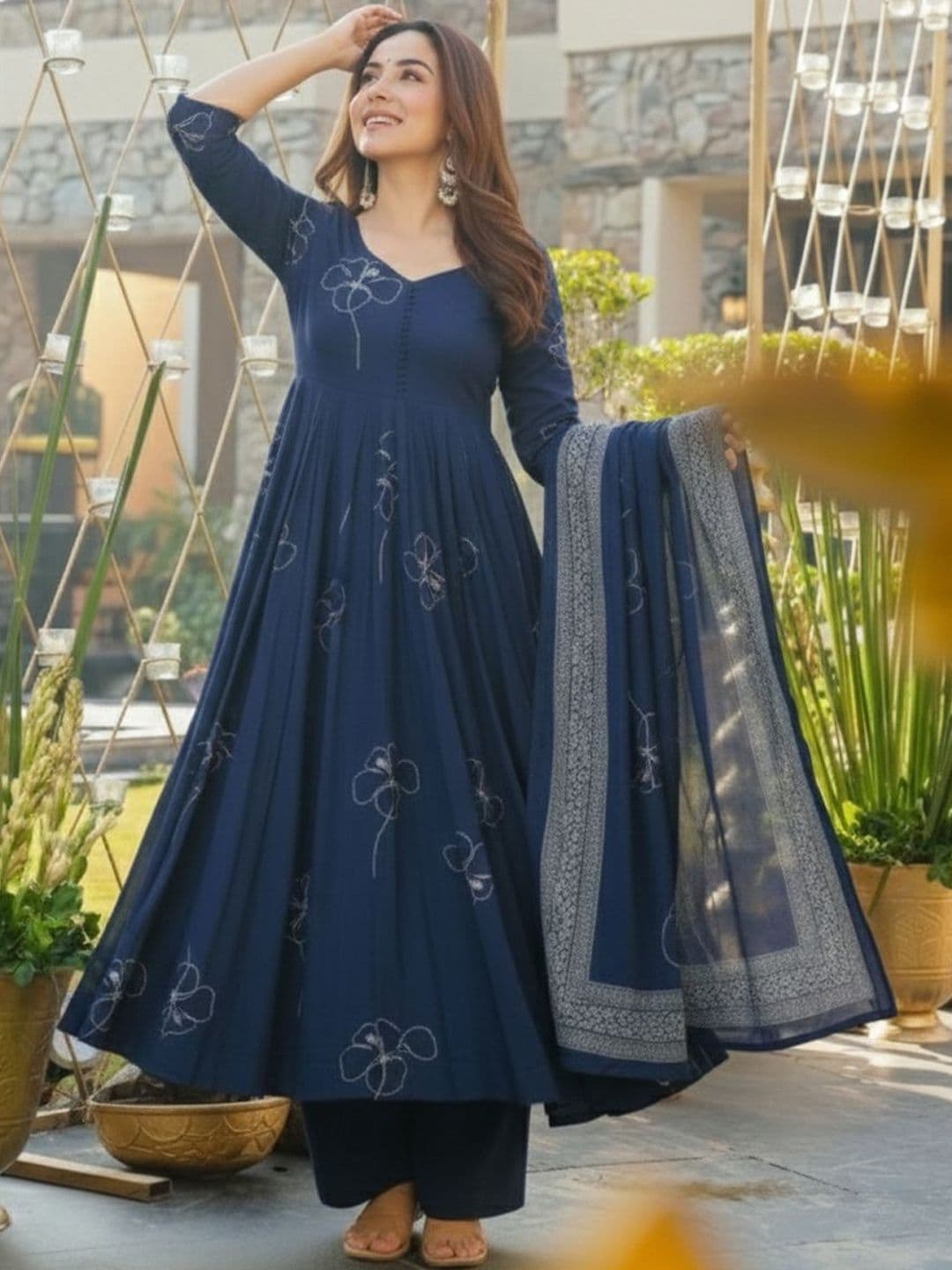Aaghnya Women's Plus Size Blue Rayon Blend Printed Anarkali Kurta Set With Dupatta - view 1