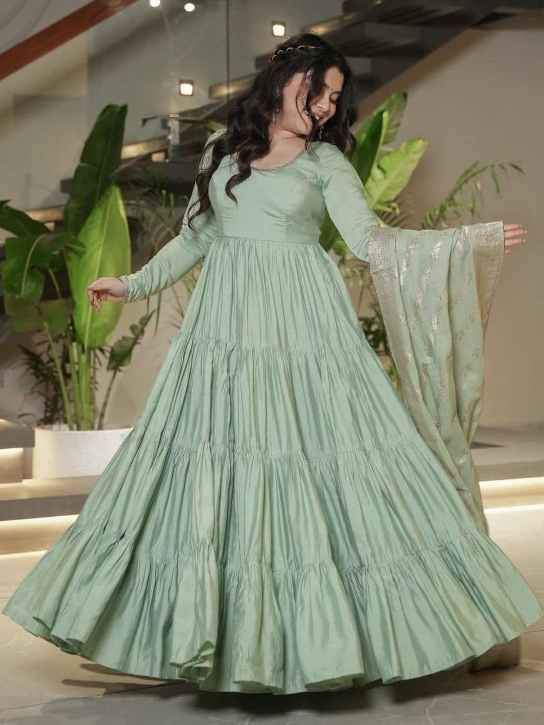 SAJAVAT ETHENIC WEAR Women Tiered Chanderi Silk Kurta with Palazzos & With Dupatta - view 1