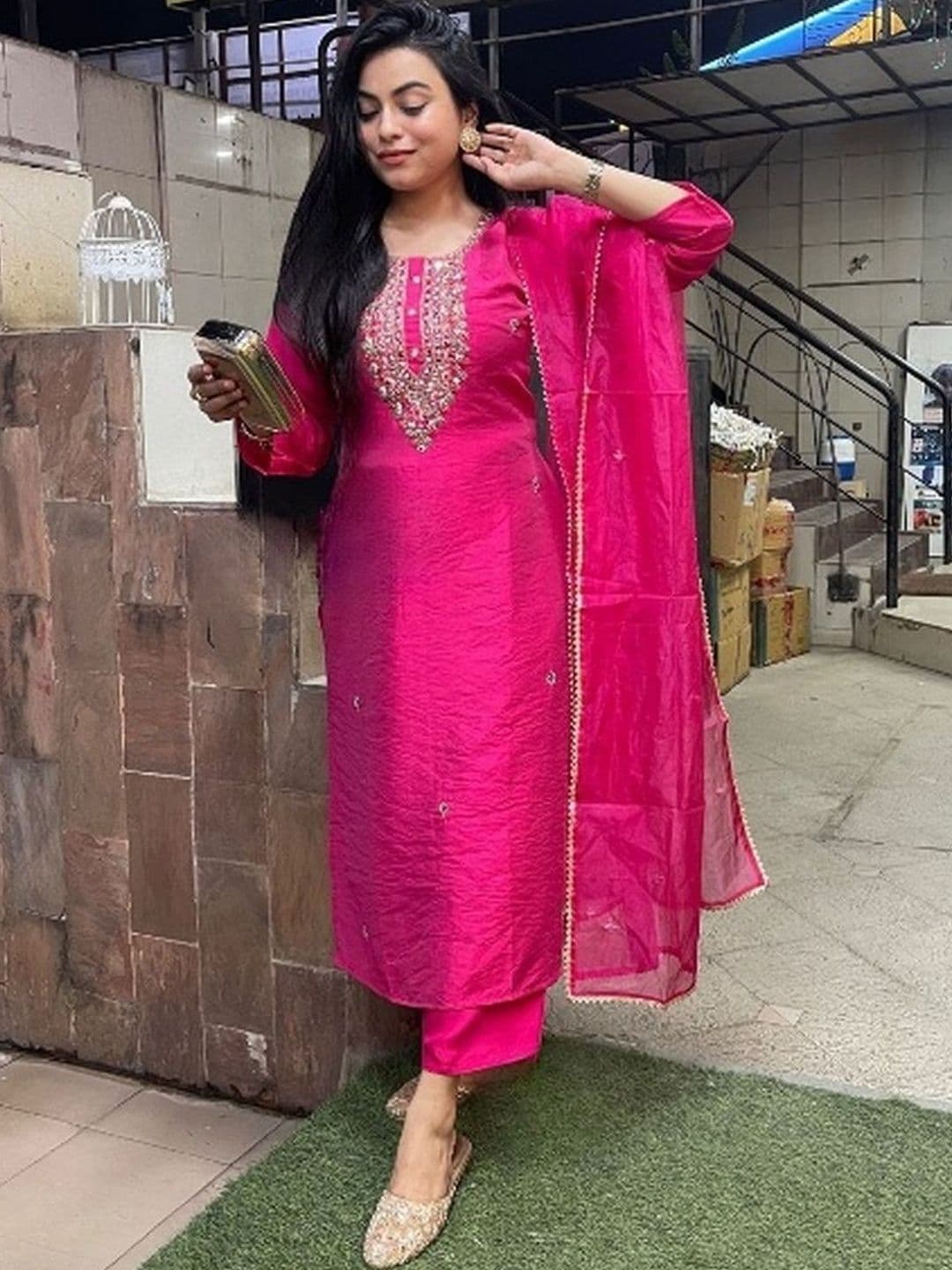 HERE&NOW Women Ethnic Motifs Embroidered Regular Thread Work Kurta with Trousers & With Dupatta - view 1