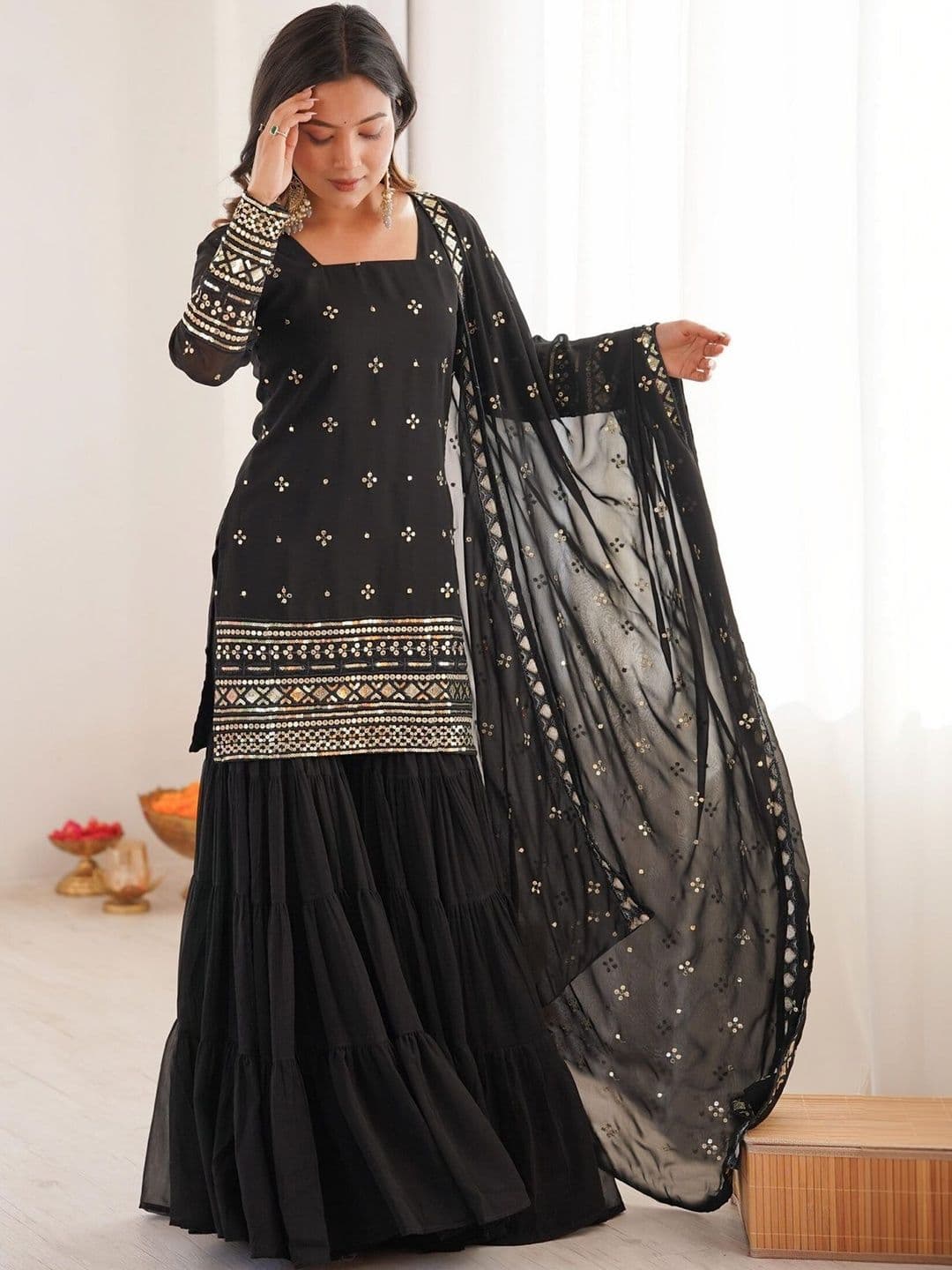 SIDDESHWARY FAB Women Ethnic Motifs Embroidered Regular Mirror Work Kurta with Sharara & With Dupatta - view 1