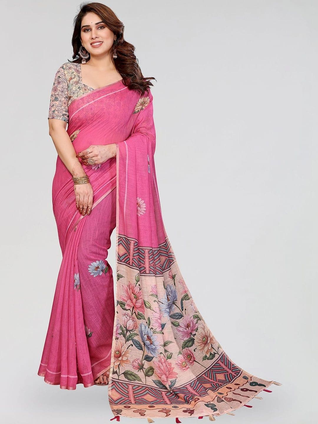 ANAND SAREES Lightweight Floral Printed Cotton Blend Sarees - view 1