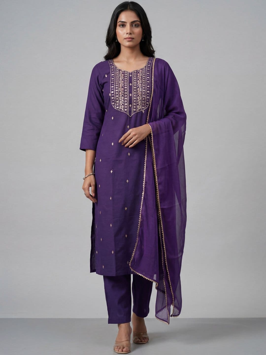 Shree Ramkrishna Fab Women Ethnic Motifs Embroidered Regular Thread Work Kurta with Trousers & With Dupatta - view 1