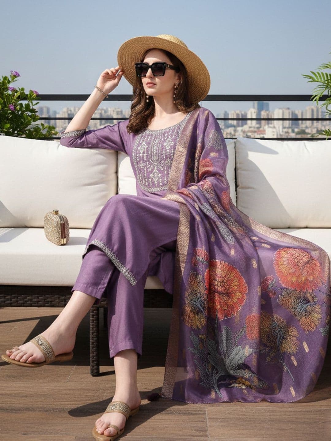Anouk Women Ethnic Motifs Embroidered Regular Thread Work Kurta with Trousers & With Dupatta - view 1