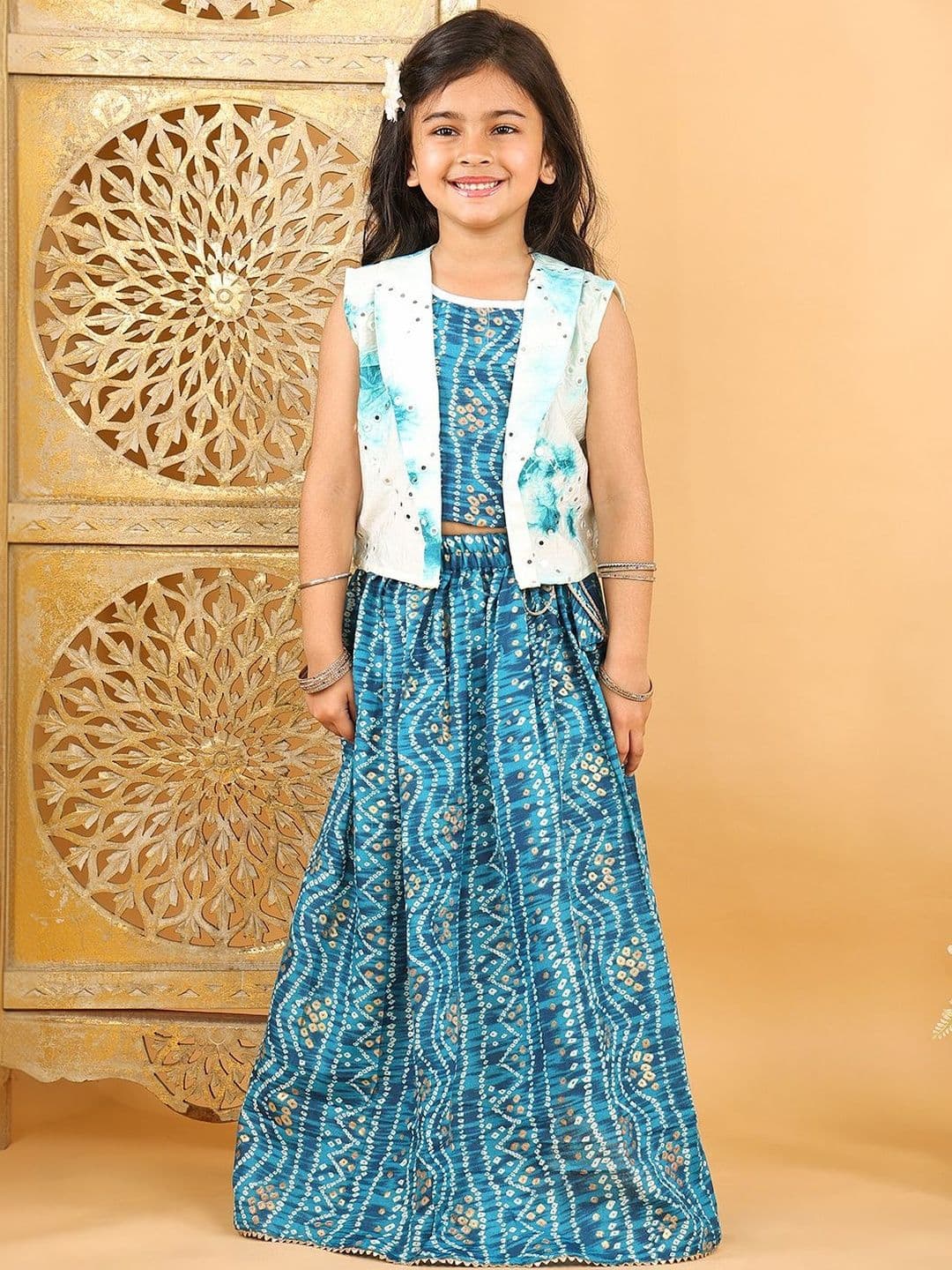 Here&Now X Kinder Kids Girls Printed Tie and Dye Ready to Wear Lehenga & - view 1
