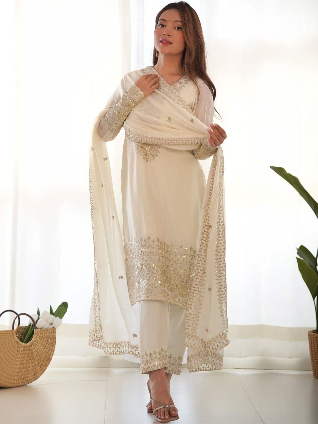 SAJAVAT ETHENIC WEAR Women Ethnic Motifs Embroidered Regular Sequinned Kurta with Trousers & With Dupatta - view 1