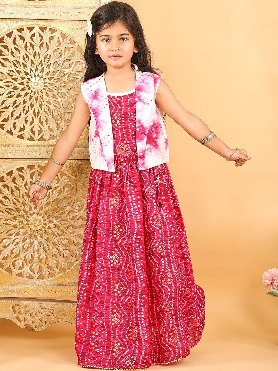 Here&Now X Kinder Kids Girls Printed Mirror Work Ready to Wear Lehenga & - view 1