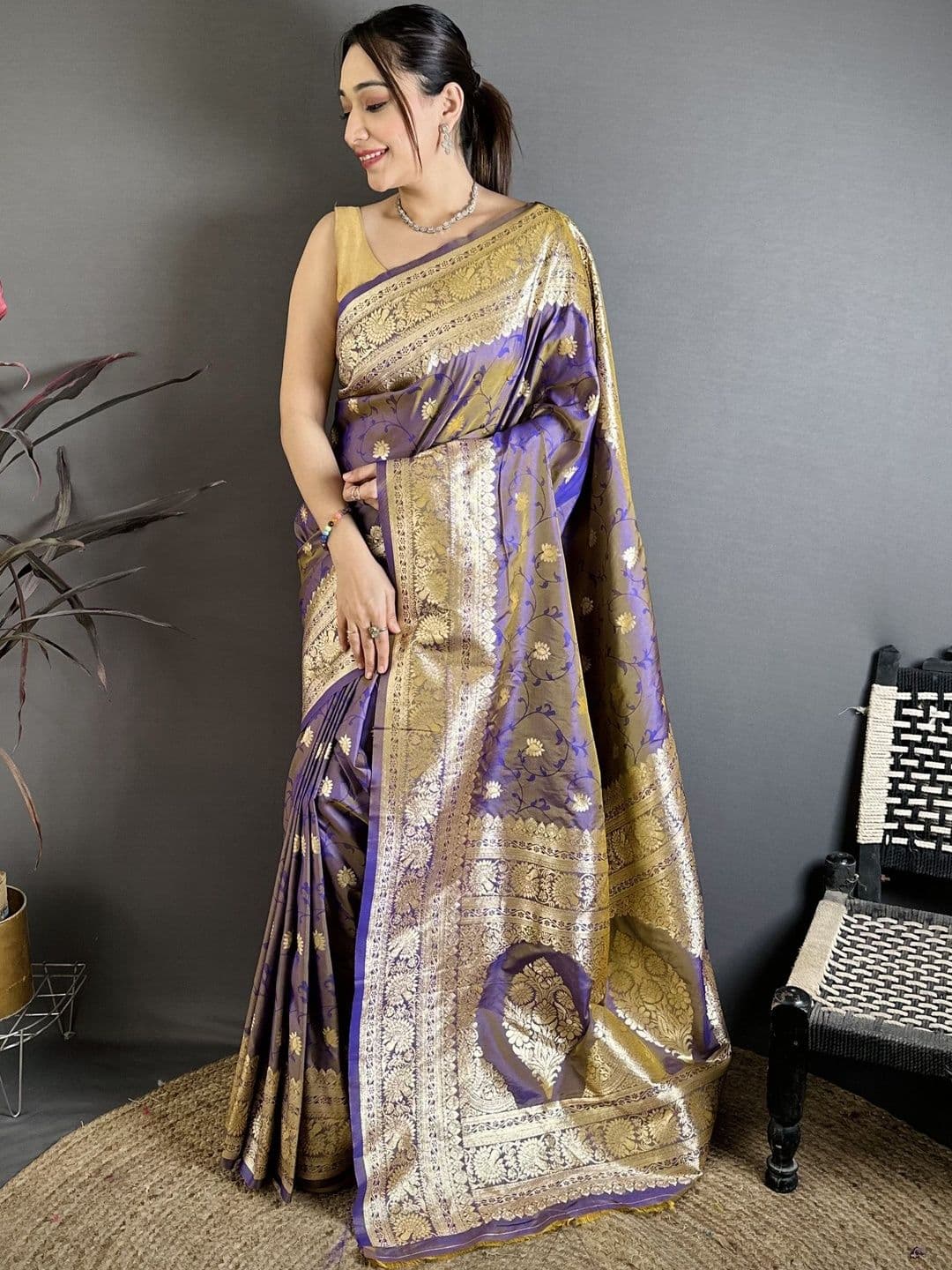 Mitera Violet Soft Banarasi Silk Zari Weaving Saree Matching Blouse Piece - view 1