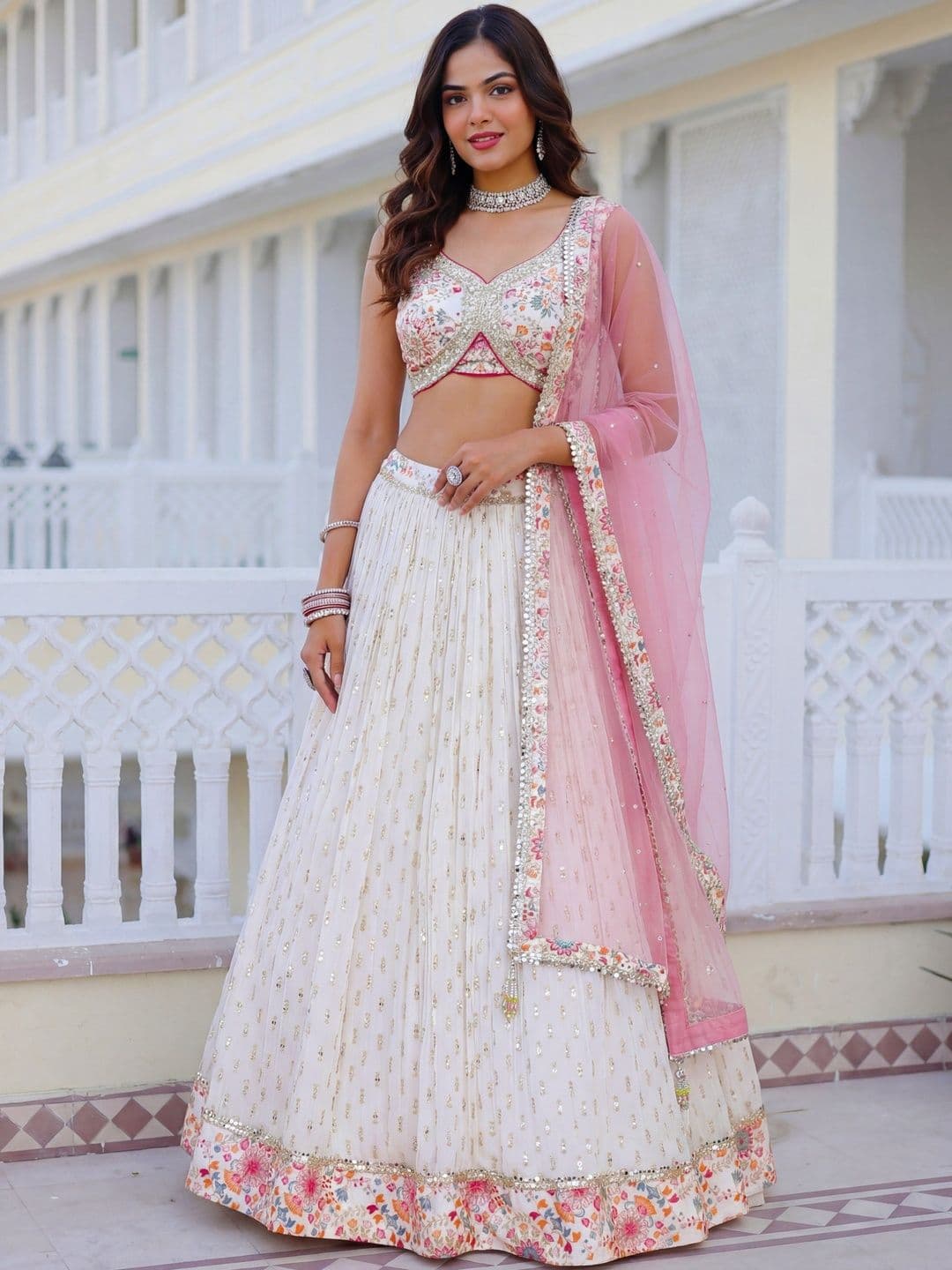 ETHNIC PLUS Sequinned Embroidered Silk Lehenga Choli With Dupatta - view 1